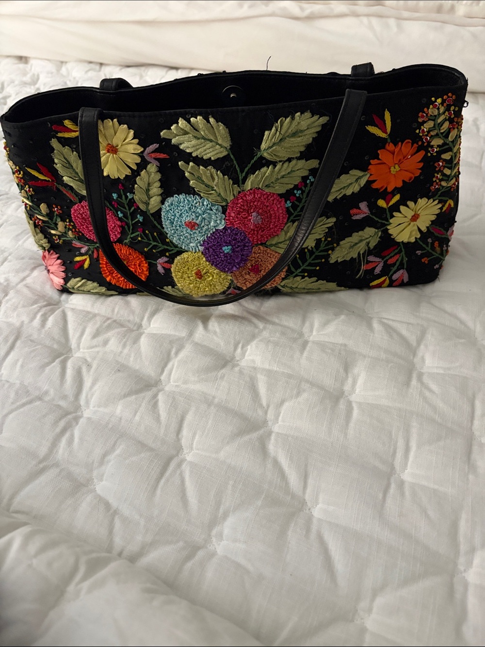Embroidered Floral Black Tote Bag - Colorful Garden Accents